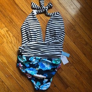 BLACK STRIPE FLORAL ONE-PIECE SWIMSUIT
